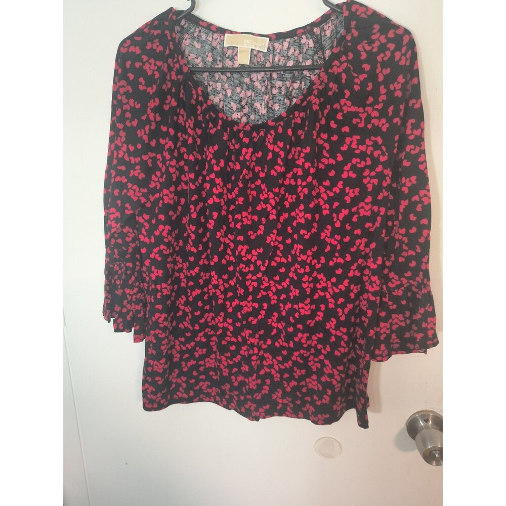 Michael Kors Heart Print Long Sleeve Scoop Neck Pullover Blouse Black Red HeartL